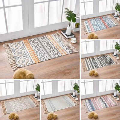 Retro Bohemian Hand Woven Cotton Linen Carpet Rug Bedside Rug Geometric Floor Mat Living Room Bedroom Carpet Home Decor - Luxmartds