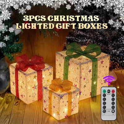 3PCS Christmas Gift Box Christmas Decor Luminous Bow Holiday for Lighted Up Christmas Tree Holiday Party Indoor Outdoor Decor - Luxmartds