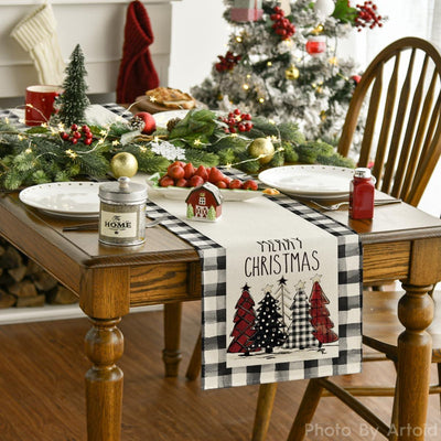 Christmas Trees Merry Xmas Table Runner, Seasonal Winter Holiday Kitchen Dining Table Decoration For Indoor Outdoor Home Party Decor 13 X 72 Inch - Luxmartds